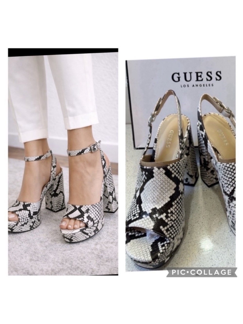 GUESS Snake-Print Platform Slingback Heels in Black & White